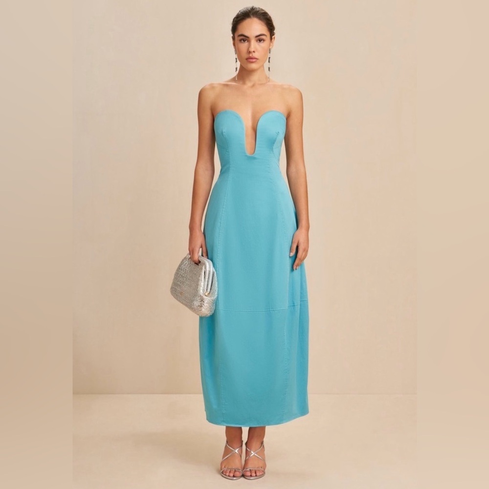cult gaia Strapless Turquoise Blue Plunge Midi Dress - Picture 1 of 9